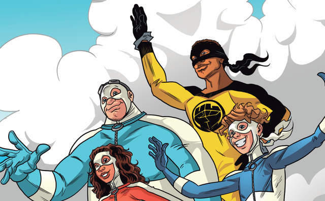 Bilde av The urban legend sammen med sine sidekicks - Mike med eksem, Sofia med psoriasis og Chris med HS