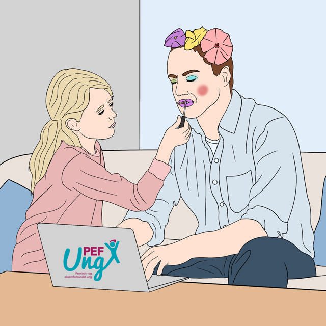 Illsutrert bilde av en jente som sminker en voksen mann med blå øyenskygge, røde lepper og blomster i håret, mens mannen jobber på en laptop.